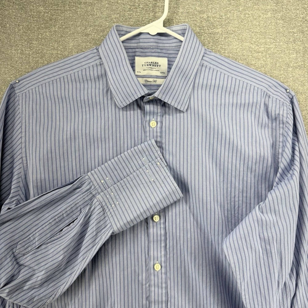 Charles Tyrwhitt Classic Fit Dress Shirt Men Size 18/46 Blue Striped Long Sleeve